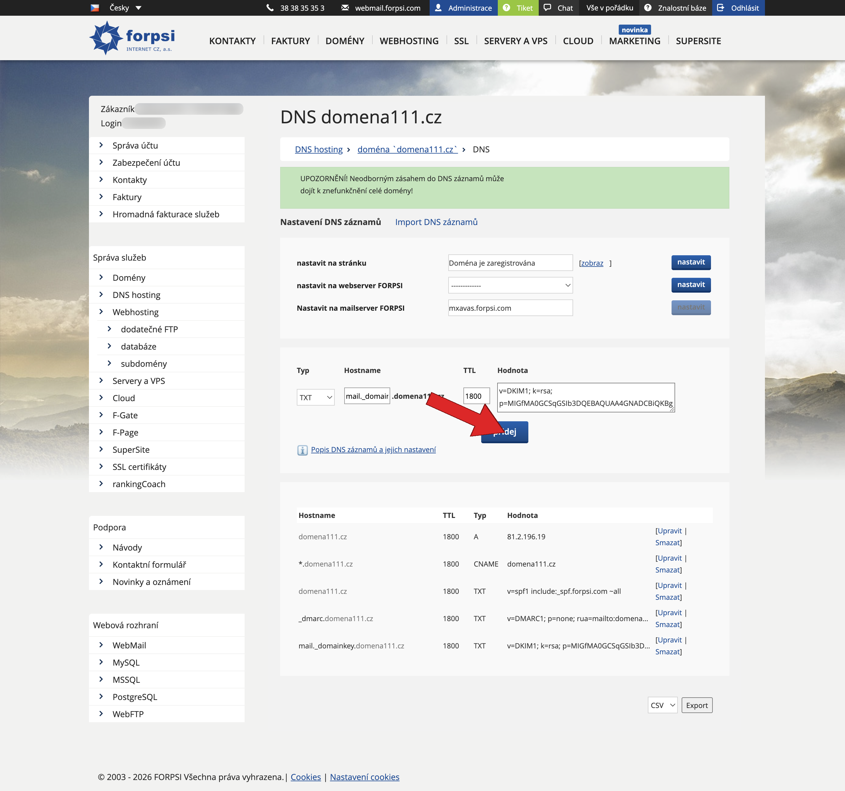 Step 4: Form with DKIM record filled in