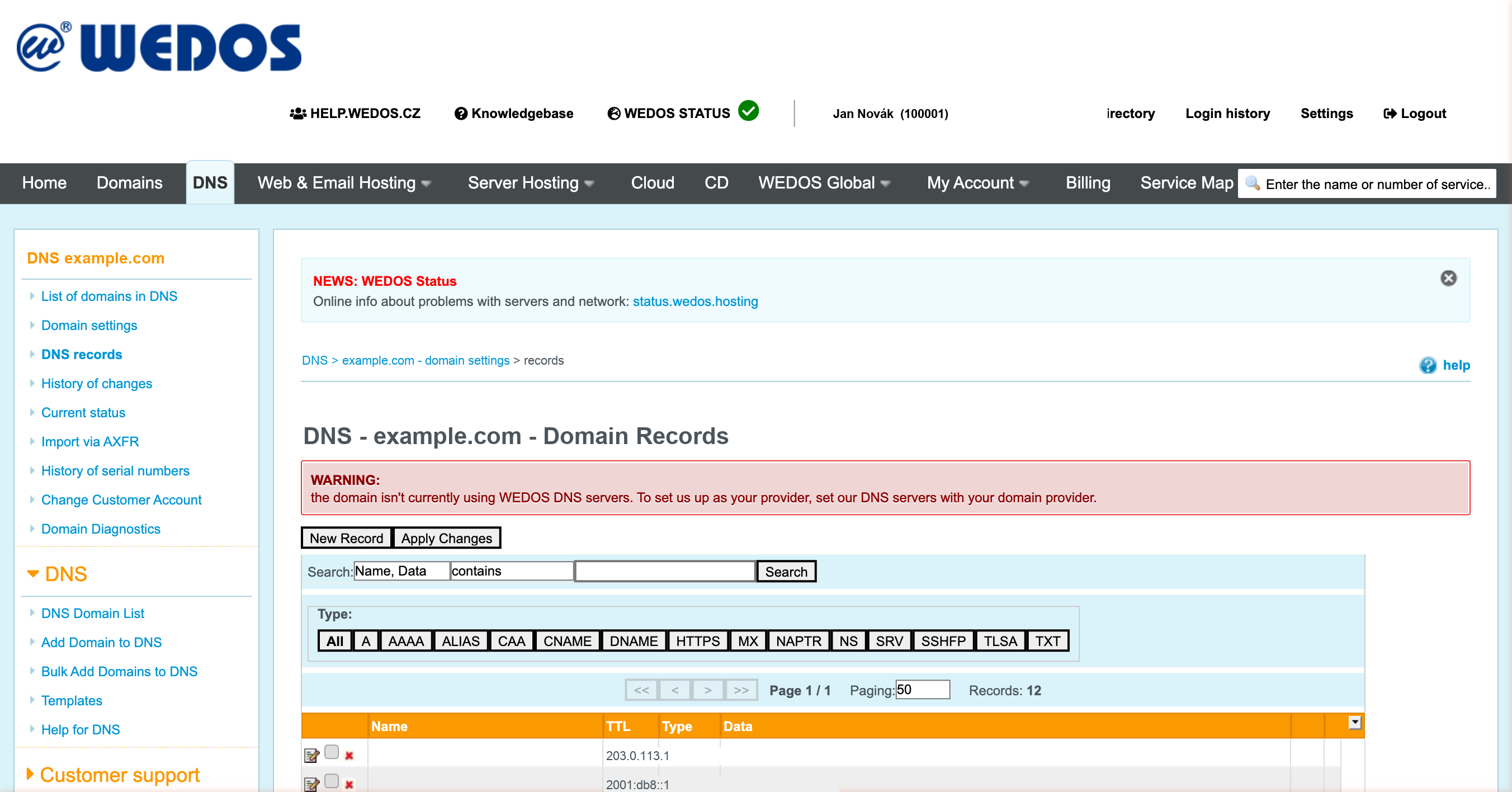 Step 2: DNS records list
