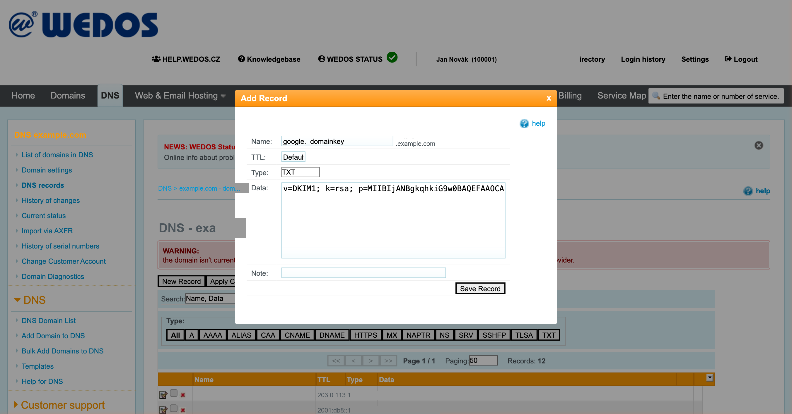 Step 3: Add Record dialog with DKIM value