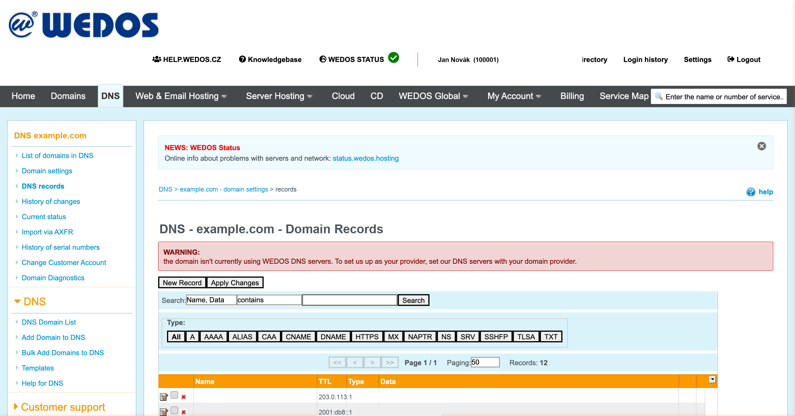 Step 2: DNS records list