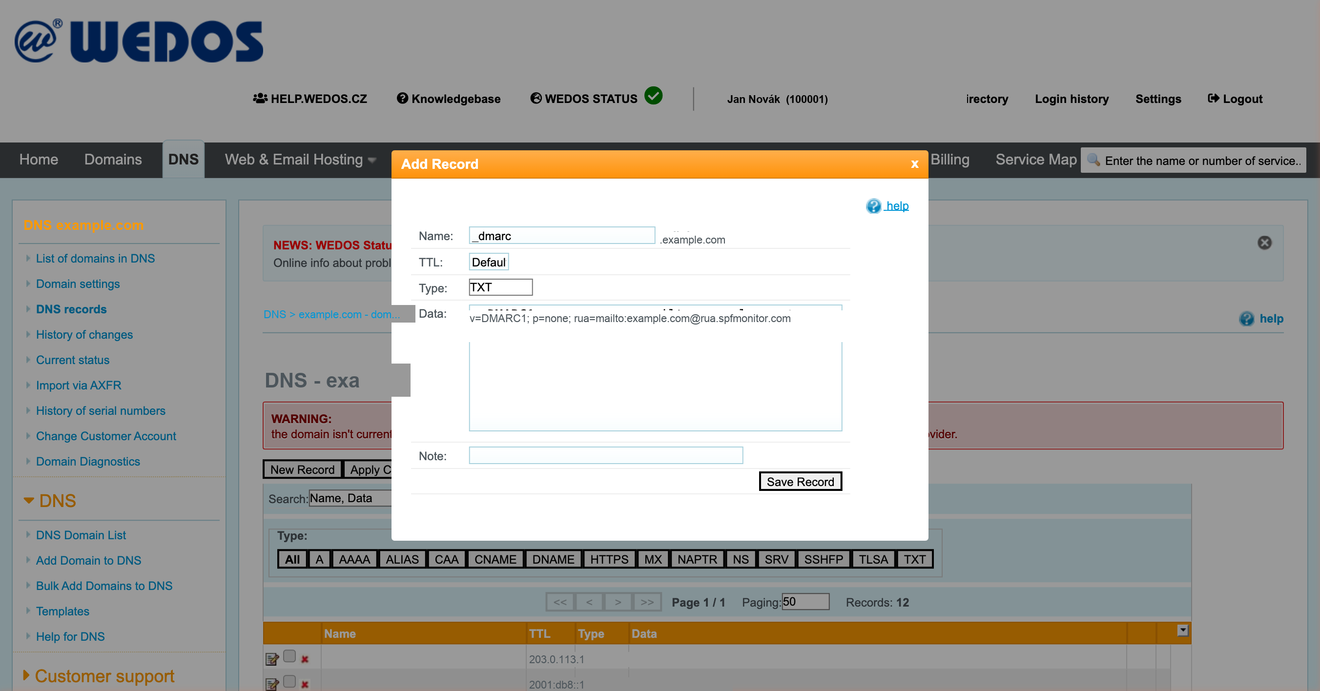Step 3: Add Record dialog with DMARC value
