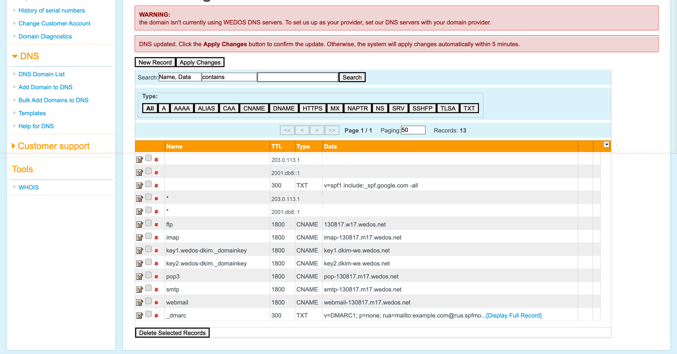 Step 4: DMARC record saved, changes applied